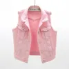 Gilets pour femmes Automne Coréen Rose Denim Gilet Femmes Lâche Court Cowboy Gilet Burrs Veste Sans Manches Grande Poche Jeans Femme