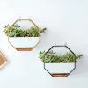 Films Nordic style Metal Rack White Ceramic Vase Planter Pot Octagonal Geometric Wall Hanging Ceramic vases for flowers Bamboo Tray