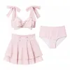 Maillots de bain pour femmes Style japonais Doux et mignon Big Bow Bikini Maillot de bain pour femmes Feuille de Lotus Taille haute Jupe amincissante Maillot de bain fendu