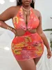 Kadın Mayo Büyük Boy Baskı Bikini Seti 2024 İki Parçalı Gazlı Geyz Etek Mayo Kadınlar Seksi Hollow Out Push Up Backless Plaj Maması Takım
