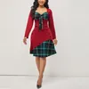 Robes décontractées MISSJOY Femmes Vintage Plaid Bouton Décoratif Vin Rouge Cravate Robe Moulante Sexy Coupe Basse Taille Haute Irrégulière Balançoire De Noël