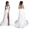 Elegante encaje con vestidos de boda divididos altos Sweetheart A-Line Chiff Apliques Simple Boho LG Vestidos De Noiva Vestidos de novia V3BC #