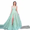 Sevintage Mint Green 3d Butterfly Beadings Tulle bail dres dres em Via de espaghetti de gola alta