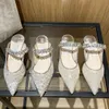 Дизайнерские сандалии Тапочки с открытой пяткой Сандалии на плоской подошве с кристаллами На низком каблуке Серебристая сетка с кристаллами Обувь со сверкающим принтом Женские тапочки с резиновым кожаным ремешком на щиколотке