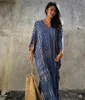 Casual Dresses Plus Size Boho täcker lös klänning Kvinnor Summer Tie Dye Kaftan Print randig bat ärm V Neck Split Maxi Beachwear