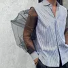 メンズカジュアルシャツ春の夏と秋のストライプデザインセンスバブルメッシュファッショントレンドラペルシングル胸シャツドロップドオトウクス