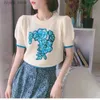 T-shirt Femme coréenne 2021 été nouveaux cardigans à tricoter col rond manches courtes bouffantes évider fleurs pull mode patchwork manteaux24329