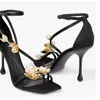 2024 Neue Frauen Kleiderschuhe Schaffell Leder Stöckel High Heels Zehen Quadratstil Offener Party Hochzeit Gold 3D Blumen schmale Band Schnalle Größe 34-43