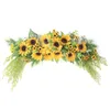 Dekoratif Çiçekler 15 inç Simülasyon Ayçiçeği Lintel İpek Duvar Asma Kapı Dekorasyon Çiçek Kapalı Yay Çelenkleri Yeşil Yapraklar