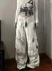 Kvinnors jeans 2024 Cyber ​​Y2K Streetwear Tie Dye White Drawstring Baggy Cargo Pants for Women Goth Clothes Straight Dress Lady Byxor