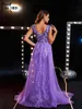 Abiti casual Missord Abito da sera con paillettes viola con strascico Abito da ballo aderente da donna elegante con scollo a V senza maniche con stampa geometrica