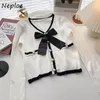 neploe V-neck Bowknot Decorati Doce Mulher Suéteres Outono 2024 Estilo Coreano Cardigans de Malha Curta Pérola Butt Knit Tops K4HQ #