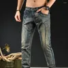 Calças de brim masculinas emendadas para homens tubo apertado masculino calças de cowboy skinny japonês estilo de rua baixa ascensão motocicleta slim fit coreano xs