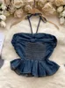 Singreiny Sweet Halter Denim Tops Fashion Women Fold Ruffles Outwear Sexy Streetwear Ins Summer Y2K Spiallina Beach Tank 240311