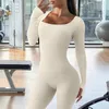 Womens Yoga Slim Fit Jumpsuit Solid Ribbed Knit Long Sleeve Square Neck Bodycon Jumpsuit Romper Work Out Sport Yoga Playsuits 240315