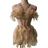 Femmes Soirée Party Prom Anniversaire Célébrer Costume Sexy Stage Gold Crystals Performance Outfit Rhinestes Sleevel Dr Q7pQ #