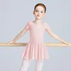 girls Ballet Leotards Kids Round Neck With Lined Chiff Tutu Short Sleeve Dr Gymnastics Dancewear Costumes N1Jz#