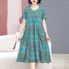 Partykleider 2024 Sommer Plaid Gedruckt Vintage Weibliche Kleidung Stilvolle Falten A-Linie Casual Lose Taschen Gespleißt Pendeln Midi Kleid