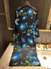 Vestidos casuais moda vestido de seda para mulheres de alta qualidade manhã glória impressão midi flor colher pescoço apertado cintura floral