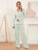 Hemkläder Kvinnor Ribbed Knit 2 -stycken Lounge Set Solid Long Sleeve Button Down Shirt Topps Wide Leg Pants Pyjamas Set Sleepwear