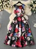 Robes décontractées Français Vintage Mode Imprimé Robe sans manches Femmes Col rond A-ligne Parti Dames Élégant Floral Longue Robe Robes