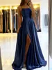 Ladies Blue A-Line LG Satin Evening Dres för kvinnor 2023 Simple Spaghetti Stems Sexig Slit Wedding Prom Party Gowns Vestidos N2PT#