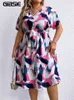 Gibsie Plus Size Geo Print V-Ausschnitt Kurzarm Belted Dr Damen 2023 Neue Sommer Hohe Taille Knielange Casual A-Line Dres f6Qa #