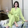 Ana Sayfa Giyim Jacquard saten pijama set yaka uzun kollu gömlek pantolon 2pcs uyku takım elbise kadın rayon gecelesi femme pijama pijamaları