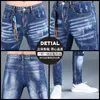Jeans déchirés bleus pour hommes d'été Pantalon droit pour hommes Streetwear Dot imprimé Slim Fit Denim Pantalon G4vf #