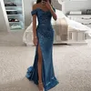 Sequined Mermaid Burdy Evening Dres Shiny Sexy High Split Off Phouseteart Prom Formal Party Hown vestido de Fiesta G582#