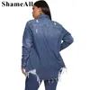 Plus Size Vintage Ripped Mid Lg manches Denim Vestes 4XL Femmes Streetwear Poches Bleu Jean Veste Harajuk Jeans Lâche Manteau W7rp #