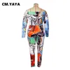 cm.yaya feminino plus size macacão impressão manga cheia fora do ombro elástico magro bodyc macacões fi outfits verão 2021 o2po #