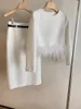 Vestidos de trabalho inverno lã tecido avestruz top e meia saia conjunto cintura tratamento rhea decoração de cabelo gota entrega vestuário mulheres roupas otn0y