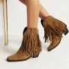 Stövlar Aospiraylian 2023 Kvinnors flock Tassel fransar Western Cowboy Ankle Boots Slip On Frosted Square Heels Cowgirl Women's Shoes