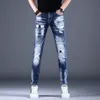 jeans sommar rippade män casual lätta blå byxor lapp jean streetwear fi smal fit denim byxor g7m6#