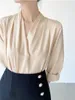 Women's Blouses Khaki Satin V-Neck Pleated Slim Shirts French Elegant Long Sleeve Blusas Femininas Elegantes Estilo Coreano Blusen Damen