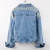 Kvinnor Pearl Beading Short Denim Jackets Turn-Down Collar Jean Jacket för kvinnor Lossa Casual LG Sleeve Vintage Jean Coat Female I5O5#