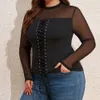 Kvinnors runda nacke Autumn Pullover Solid LG Sleeve Sheer Mesh Blus Tops Plus Size Clothing 2023 55VS#