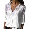 Casual Work Blauses Women's Floral Print Butt Down Shirts V Neck Roll Up Sleeve Tops Collar Blus Traf Officiell butik K2M7#