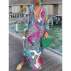 Kvinnor Deep V-ringning Dr 2023 Summer Vintage Elegant LG Sleeve Boho Print LG Dres Female Sexy Beach Party Loose Maxi Dr Y02U#