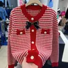 Herfst Winter Dikke Plaid Kleur O-hals Enkele Breasted Gebreide Trui Elegante Lg Mouw Streetwear Vest Vrouwen Casual Tops z0kx #