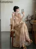 Robes de travail Kimotimo Style chinois jupes douces ensembles femmes 2024 printemps Vintage cravate colorant imprimé licou à lacets hauts élégant une ligne jupe longue