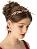 crystal Wedding Red Beads Leaf Headband Hair Vine Gold Bridal Headpiece, Fr Hair Accories for Brides Bridesmaid D0AW#