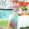 Casual Dresses Green Red Floral Silk Crepe Women Fashion 2024 Summer Long Sexy Office Work Daily Dress Plus Size Slim Fit A Line