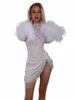 Wannaths Bling Glitter LG Sleeve Side Slit Sexy Mini Dres for Feather Pleated Dr New Fi Party Clubwear W2UK#