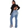 Meren Verado Plus Size Women Dżinsy wysokiej talii Fi kieszenie na zamek z Raped Hole elastyczne rozkloszowane spodnie uliczne spodnie p8ei#