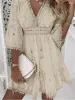 Brand new Casual Dresses White Lace Dress Women V Neck Up Female Patchwork Three Quarter Sleeve Vacation Beach Ladies A-line Party 2024