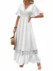 elegante solido bianco Lg Dr abbigliamento donna Bohemia Hollow Hem sexy maniche corte Dres vita alta Beach Party Maxi Dr 92e4 #