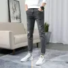 Homens Jeans Joelho Buraco Rasgado Stretch Skinny Denim Calças Cor Sólida Preto Azul Outono Verão Hip-Hop Estilo Slim Fit Calças L9pm #