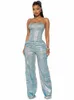 Joskaa Métallique Brillant Denim Deux Pièces Ensemble Femmes Strapl Tunique Taille Haut Court Et Baggy Jeans Assorti 2024 Y2K Streetwear O7vF #